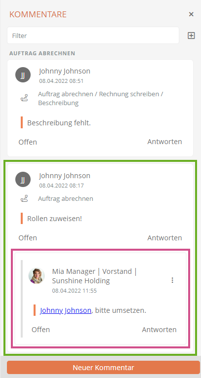 Darstellung von Antworten im Kommentar-Drawer